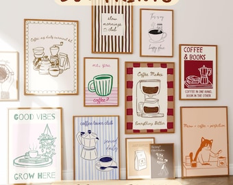 50 Coffee Poster Set, Trendy Coffee Shop Wall Art, Cute Kitchen Decor, Dopamine Coffee Prints, Vintage Cafe Style
