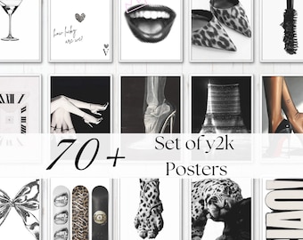 Y2K Fashion Gallery Wall Art, Black and White Prints (Set of 70) (Digital Download)
