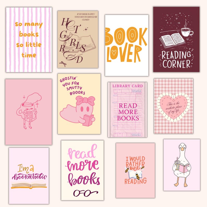 May include: A collection of pink and cream-colored art prints with book-themed quotes and illustrations. Designs include a ghost reading, a goose with a book, and the phrases "Book Lover" and "Reading Corner."