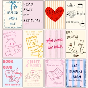 May include: A collection of twelve illustrated cards with book-themed quotes and graphics. The cards feature phrases like "Life Happens Books Help" and "Coffee Books and Repeat." The color palette includes pink, blue, and cream.