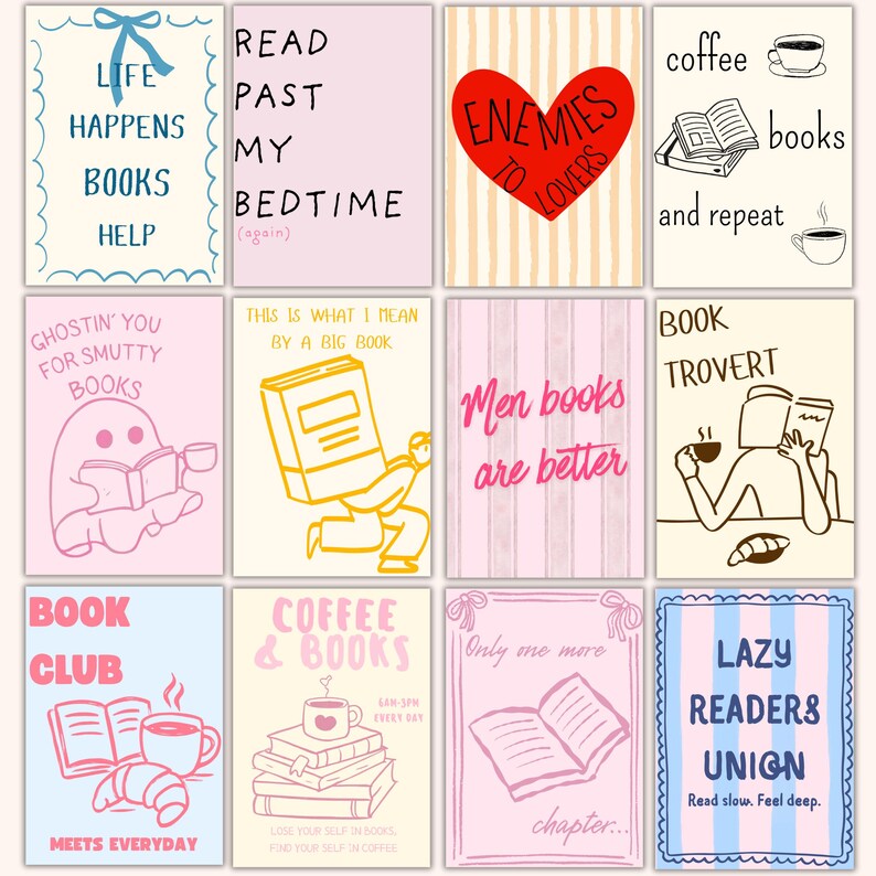 May include: A collection of twelve illustrated cards with book-themed quotes and graphics. The cards feature phrases like "Life Happens Books Help" and "Coffee Books and Repeat." The color palette includes pink, blue, and cream.