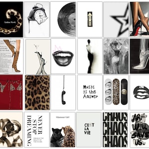 May include: A collection of framed art prints with diverse designs. Images include leopard print, a melting clock, a vinyl record, a star, high heels, lips, a telephone, skateboards, and text that reads "Fashion Week", "One Way", "Music is the Answer", and "Chaos".