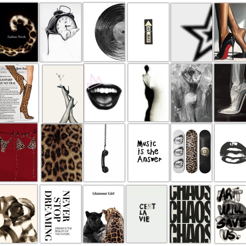 May include: A collection of framed art prints with diverse designs. Images include leopard print, a melting clock, a vinyl record, a star, high heels, lips, a telephone, skateboards, and text that reads "Fashion Week", "One Way", "Music is the Answer", and "Chaos".