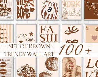 Brown and Beige Preppy Y2K Wall Art Set of 100 – Chic Trendy Gallery Prints for Dorms, Bedrooms & Apartment Decor