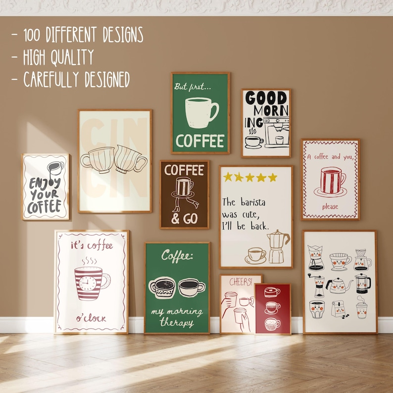 100 Coffee Poster Bundle, Coffee Shop Wall Art Set, Cute Preppy Kitchen Decor, Dopamine Coffee Prints, Retro Cafe Wall Art image 6