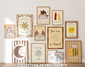 Boho kinderkamerafdrukken - bundel vintage neutrale muurkunst (digitale download)