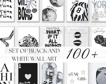 Può includere: Una collezione di stampe artistiche in bianco e nero. Le stampe presentano vari disegni, tra cui testo, illustrazioni e motivi astratti. Il testo include frasi come "Cherry Bomb" e "What if it all works".