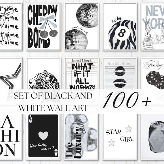 Black and White Preppy Y2K Wall Art Set of 100 – Chic Trendy Gallery Prints for Dorms, Bedrooms & Apartment Decor