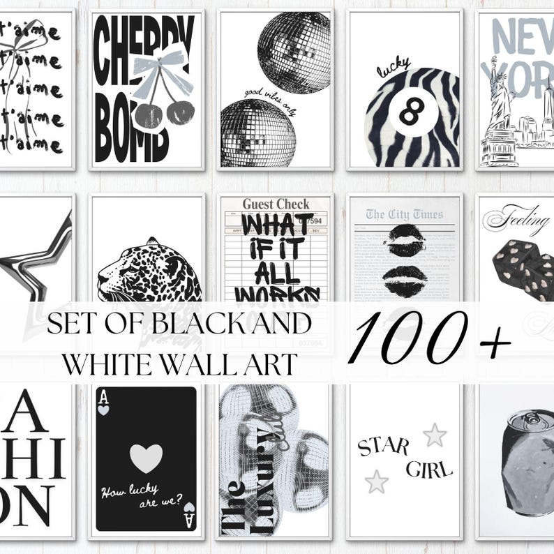 Pu&ograve; includere: Una collezione di stampe artistiche in bianco e nero. Le stampe presentano vari disegni, tra cui testo, illustrazioni e motivi astratti. Il testo include frasi come "Cherry Bomb" e "What if it all works".
