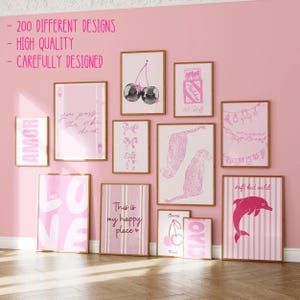 May include: A collection of eleven framed wall art prints featuring various pink-themed graphic designs, including disco cherries, a leopard, a dolphin, and text-based art, displayed on a solid pink wall with text overlays at the top left.