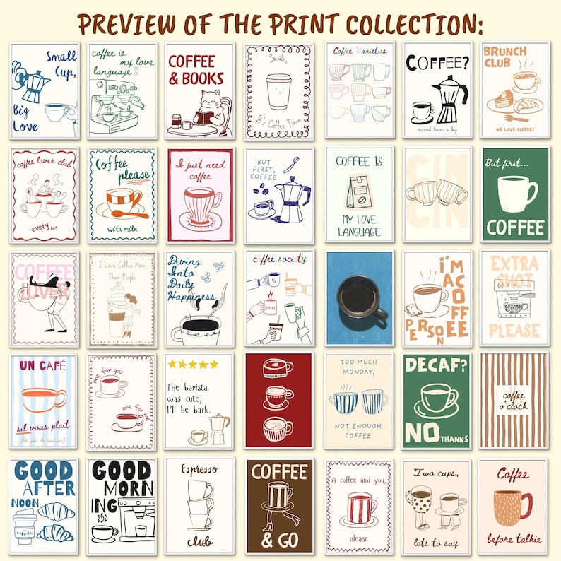 100 Coffee Poster Bundle, Coffee Shop Wall Art Set, Cute Preppy Kitchen Decor, Dopamine Coffee Prints, Retro Cafe Wall Art image 7