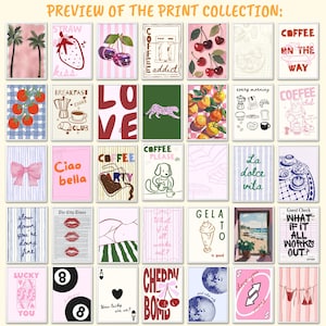 May include: A collection of art prints with various designs, including strawberries, cherries, coffee-themed illustrations, and inspirational quotes. The prints feature a mix of colors and styles, suitable for home decor.