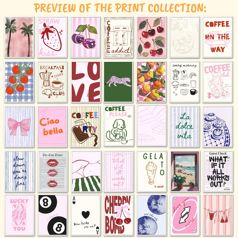 May include: A collection of art prints with various designs, including strawberries, cherries, coffee-themed illustrations, and inspirational quotes. The prints feature a mix of colors and styles, suitable for home decor.