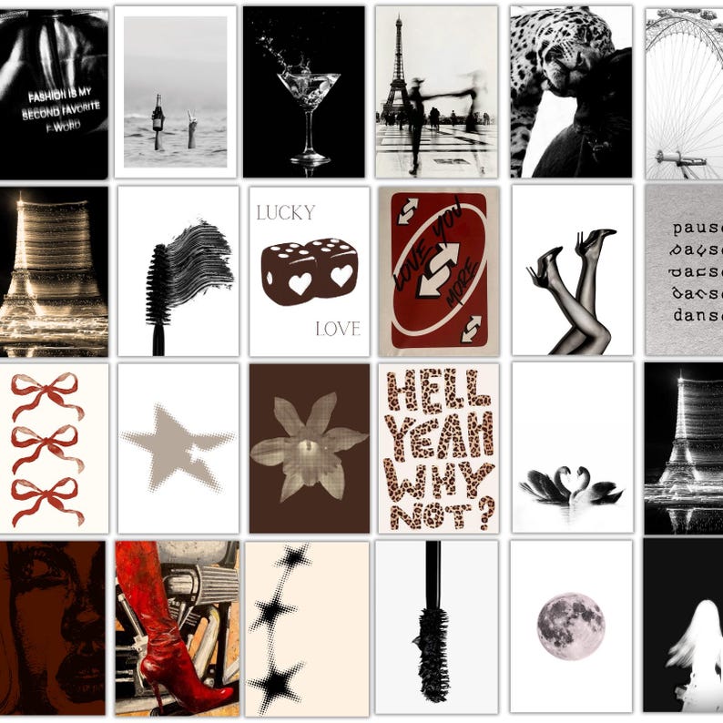 May include: A collection of images in monochrome and sepia. The images include a cocktail, dice with hearts, a red Uno card, a high-heeled boot, a mascara wand, and text that reads "HELL YEAH WHY NOT?"