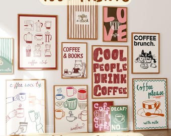 100 Coffee Poster Bundle, Coffee Shop Wall Art Set, Cute Preppy Kitchen Decor, Dopamine Coffee Prints, Retro Cafe Wall Art