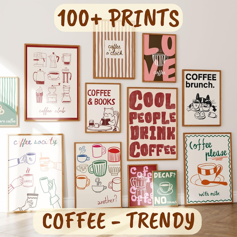 100 Coffee Poster Bundle, Coffee Shop Wall Art Set, Cute Preppy Kitchen Decor, Dopamine Coffee Prints, Retro Cafe Wall Art image 1