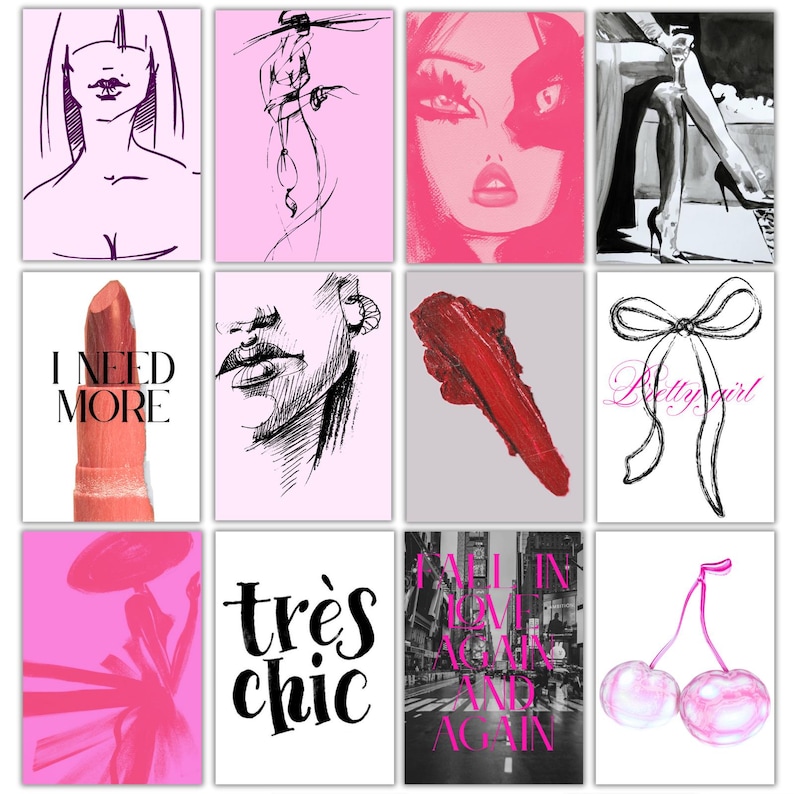 May include: A set of twelve art prints with fashion and beauty themes. The prints showcase illustrations of faces, lipstick, and a bow, alongside text including "I NEED MORE" and "tr&egrave;s chic". The colour palette is predominantly pink and black.