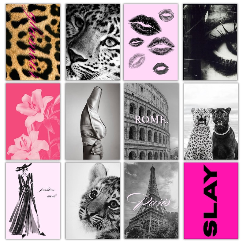 May include: A set of twelve art prints with varied designs. The prints showcase a leopard print, a leopard's face, lip prints, an eye, pink flowers, a ballet shoe, the Colosseum, two big cats, a fashion illustration, a tiger cub, the Eiffel Tower, and the word "SLAY".