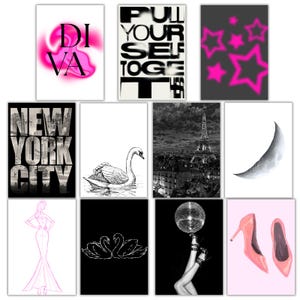 May include: A selection of art prints with varied designs. Includes a pink and white "DIVA" print, a black and white "PULL YOUR SELF TOGETHER" print, and a print with pink stars on a grey background. Other prints include a swan, the Eiffel Tower, and high heels.