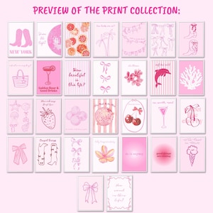 May include: A collection of thirty-two rectangular art prints arranged in a grid, all featuring a pink color palette. The prints display various illustrations including cowboy boots, disco balls, citrus slices, palm trees, bows, flowers, a dolphin, coral, strawberries, cherries, cocktails, and ice cream, along with text.
