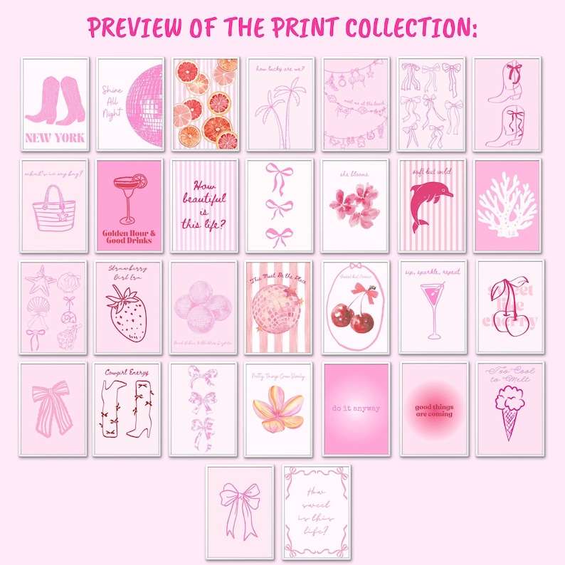 May include: A collection of thirty-two rectangular art prints arranged in a grid, all featuring a pink color palette. The prints display various illustrations including cowboy boots, disco balls, citrus slices, palm trees, bows, flowers, a dolphin, coral, strawberries, cherries, cocktails, and ice cream, along with text.