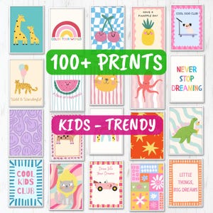 May include: A collection of rectangular wall art prints featuring colourful illustrations of animals, fruits, rainbows, and inspirational text. The prints include designs like a giraffe, a pug on a scooter, a dinosaur, and text such as 100+ PRINTS and KIDS - TRENDY.