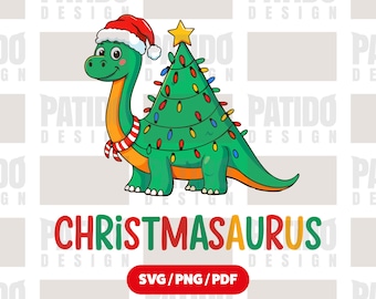 Dinosaurio navideño SVG PNG PDF / Lindo clipart de dinosaurio navideño / Divertido diseño para camisetas navideñas infantiles para Cricut y manualidades de sublimación