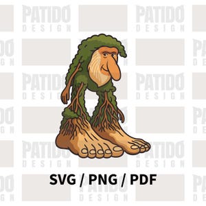 May include: A whimsical cartoon illustration of a creature with a green, leafy head and body, tan face and feet, and a long nose. The creature's legs are made of tree roots. The text "SVG / PNG / PDF" is at the bottom.