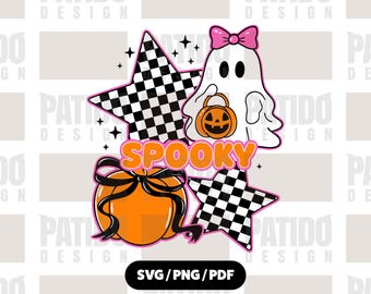 Spooky Ghost SVG with Checkerboard Stars & Pumpkin | Cute Retro Halloween Clipart | Pink Bow Ghost PNG Pdf Silhouette Sublimation DIY Crafts