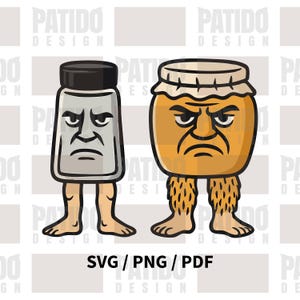 Peut inclure: Illustration de dessin animé d'un salière et d'un pot de miel, tous deux avec des visages en colère et des jambes. La salière est grise avec un couvercle noir, et le pot de miel est orange avec un couvercle blanc. Le texte "SVG / PNG / PDF" est inclus.