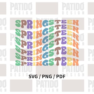 May include: A colorful graphic design featuring the word "SPRINGSTEEN" in a wavy, retro font. The text is in various colors, including green, purple, orange, and yellow. The design also includes the text "SVG / PNG / PDF".