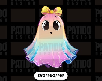 Cute Pastel Rainbow Ghost with Gold Bow SVG PNG PDF | Kawaii Girly Halloween Ghost Clipart Sublimation Silhouette, Instant Digital Download