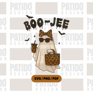 Boo-jee Leopard Ghost SVG | Stylish Halloween Ghost with Coffee & Sunglasses, Fashionable Spooky PNG PDF Cut File for Silhouette Sublimation