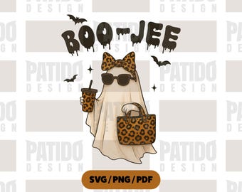 Boo-jee Leopard Ghost SVG | Stylish Halloween Ghost with Coffee & Sunglasses, Fashionable Spooky PNG PDF Cut File for Silhouette Sublimation