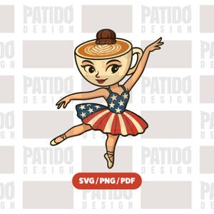 Meme Ballerina Cappucina Brainrot SVG para artesanato de 4 de julho, Clipart de dançarina de café patriótica PNG PDF, Arte de balé do Dia da Independência