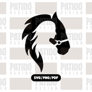 May include: A black and white graphic of a horse's head and flowing mane. The design includes a bridle and the text "SVG/PNG/PDF" at the bottom. The background features a repeating pattern of the word "PATIDO DESIGN".