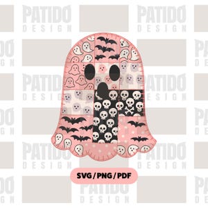 May include: A patchwork ghost design in pink, white, and black, featuring bats, skulls, and ghost patterns. The design includes the text "SVG / PNG / PDF".