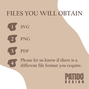 Op de afbeelding: Een beige afbeelding met de tekst "FILES YOU WILL OBTAIN" en genummerde bestandsformaten: SVG, PNG en PDF. Het bevat ook de tekst "Please let us know if there is a different file format you require." Het logo van Patido Design staat onderaan.