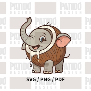 May include: A cartoon elephant illustration with a coconut shell body. The elephant is grey with a raised trunk, pink ears, and blue eyes. White liquid drips from its mouth. The text "SVG / PNG / PDF" is at the bottom.