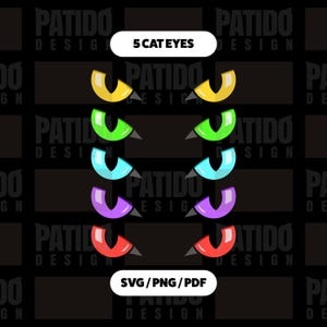 Böse Katzenaugen SVG-Bundle mit 5 Farben für Halloween-Dekor, gruseliges Katzengesicht Clipart PNG PDF für Cricut Sublimation Vinyl Craft Projekte