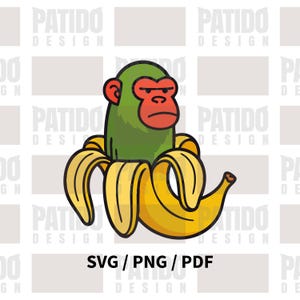 Op de afbeelding: Een cartoon illustratie van een groene aap met een rood gezicht die uit een geschilde gele banaan komt. De afbeelding bevat de tekst "SVG / PNG / PDF" onderaan, met het "PATIDO DESIGN" logo herhaald op de achtergrond.