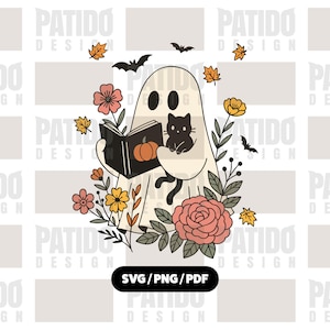 Puede incluir: Ilustraci&oacute;n caprichosa de un fantasma leyendo un libro con una calabaza, un gato negro, flores, murci&eacute;lagos y hojas de oto&ntilde;o. El dise&ntilde;o utiliza colores suaves y apagados, perfecto para Halloween o proyectos tem&aacute;ticos de oto&ntilde;o. El texto "SVG/PNG/PDF" est&aacute; abajo.