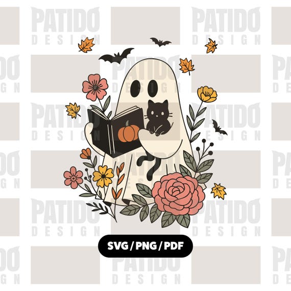 Cozy Ghost with Book and Cat SVG | Floral Pastel Halloween Clipart | Reading Ghost PNG PDF Silhouette Sublimation, Fall Autumn Witchy Decor