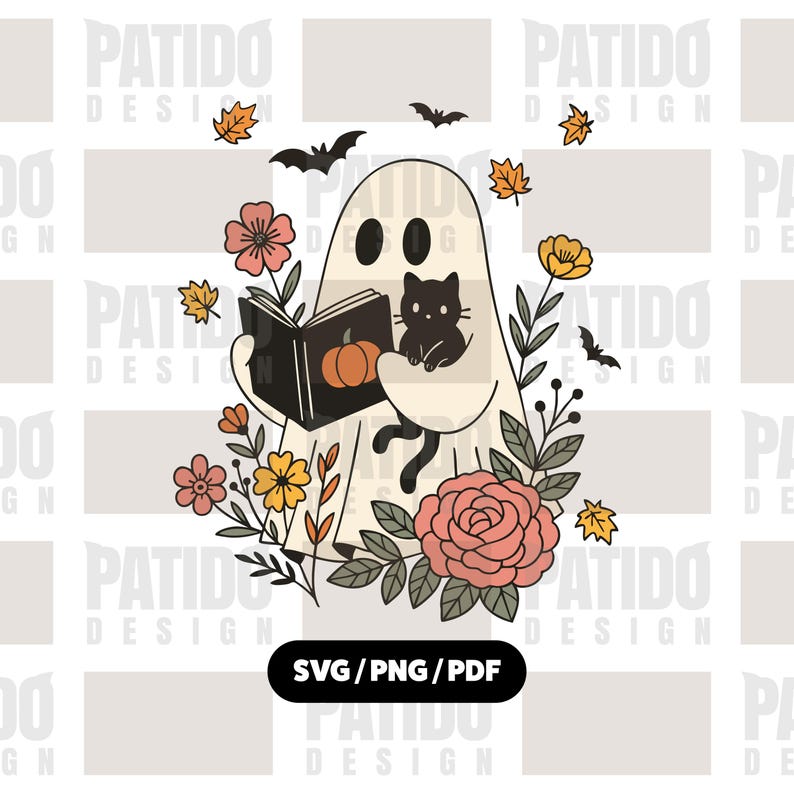 Puede incluir: Ilustraci&oacute;n caprichosa de un fantasma leyendo un libro con una calabaza, un gato negro, flores, murci&eacute;lagos y hojas de oto&ntilde;o. El dise&ntilde;o utiliza colores suaves y apagados, perfecto para Halloween o proyectos tem&aacute;ticos de oto&ntilde;o. El texto "SVG/PNG/PDF" est&aacute; abajo.