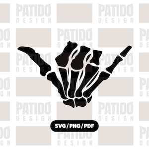 May include: Black and white illustration of a skeleton hand making the shaka sign. The design includes the text "SVG/PNG/PDF" in a black rounded rectangle. The background has a repeating pattern of the words "PATIDO DESIGN".