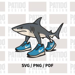 May include: A cartoon illustration of a gray shark wearing three blue sneakers with white swoosh logos. The image includes the text "SVG / PNG / PDF".