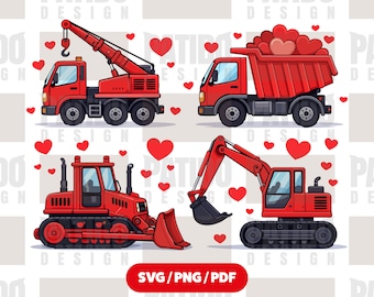 May include: A set of four red construction vehicles: a crane truck, a dump truck with heart-shaped cargo, a bulldozer, and an excavator. Red hearts are scattered around the vehicles. The image includes the text "SVG/PNG/PDF".