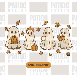 May include: A digital illustration of four cartoon ghosts with autumn-themed accessories. One ghost holds a pumpkin, another wears a pumpkin hat, one holds a mug, and the last reads a book. The image includes falling leaves and the text "SVG/PNG/PDF".