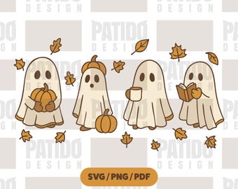 Cute Fall Ghost SVG Set, Cozy Halloween Ghosts with Pumpkin, Book Coffee, Minimal Autumn Spooky Clipart PNG for Cricut Sublimation Projects