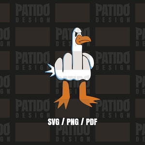 Pode incluir: Ilustração de desenho animado de um ganso mostrando o dedo do meio. O ganso é branco com pés e bico laranja. O fundo é um padrão cinza escuro com o texto "PATIDO DESIGN" repetido.